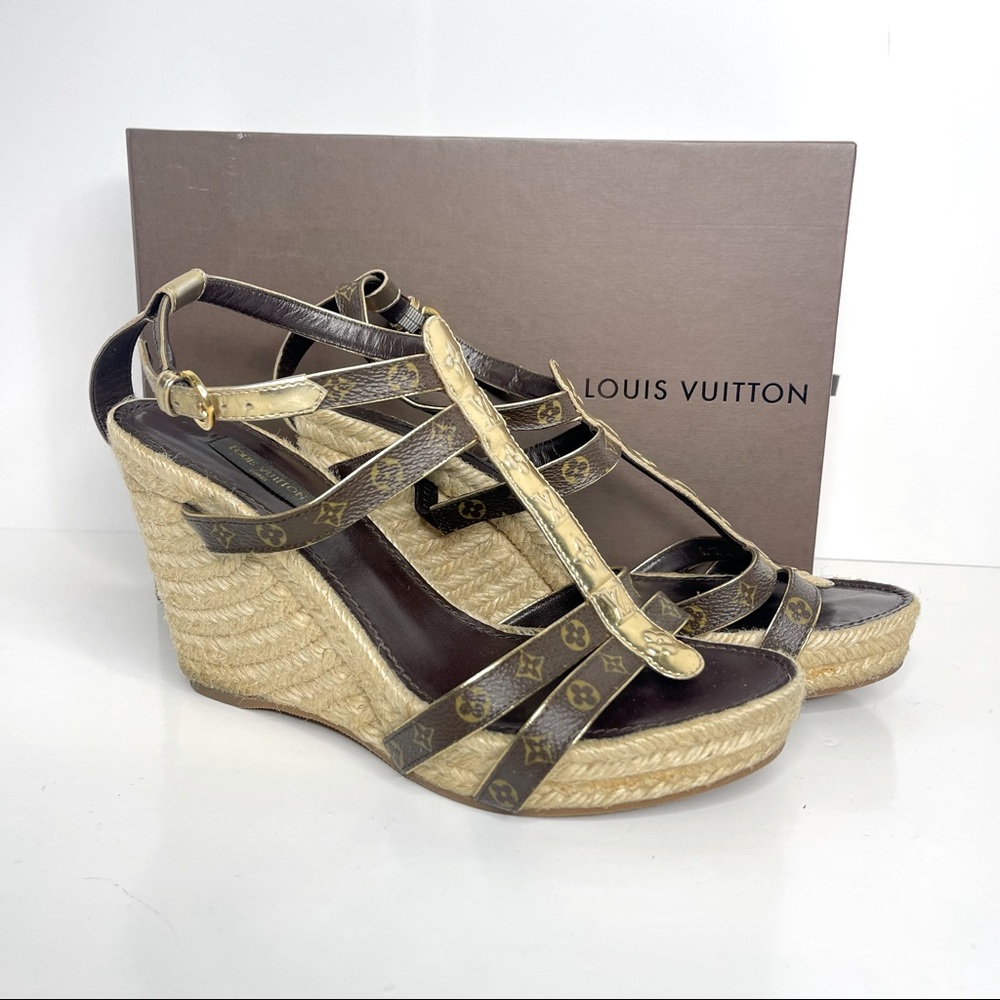 LOUIS VUITTON Brown Monogram Canvas & Leather Wedge Ankle strap Size 38